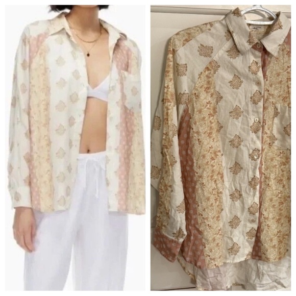 Wilfred Free Aritzia Boyfriend Linen Patchwork Shirt 45404 - Picture 1 of 13